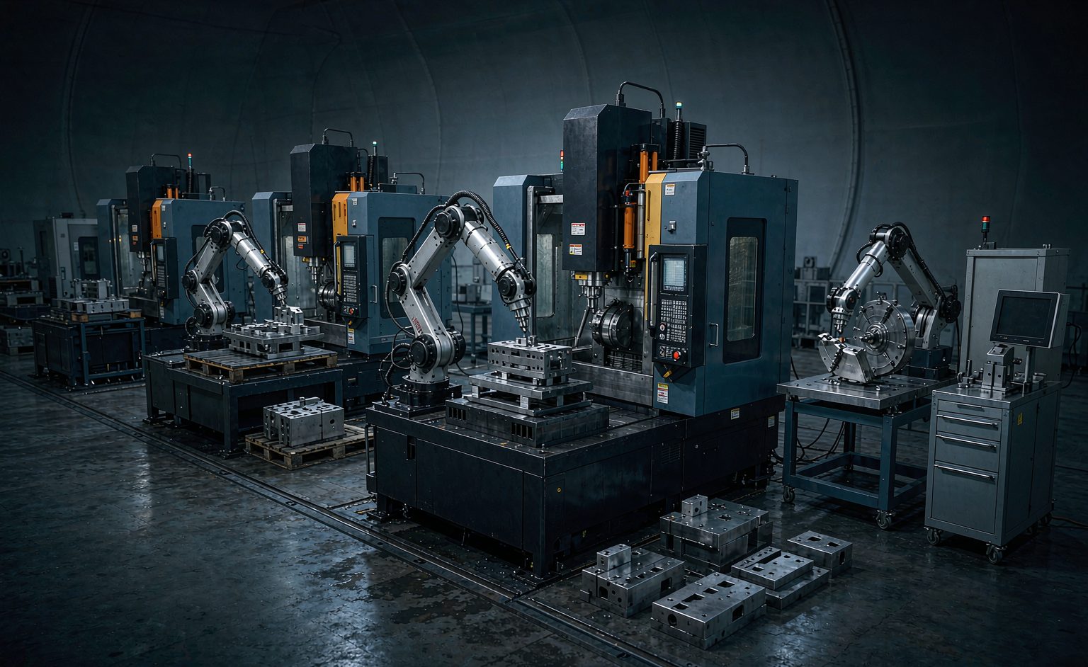 Automated production line with CNC machining centers and a robotic arm