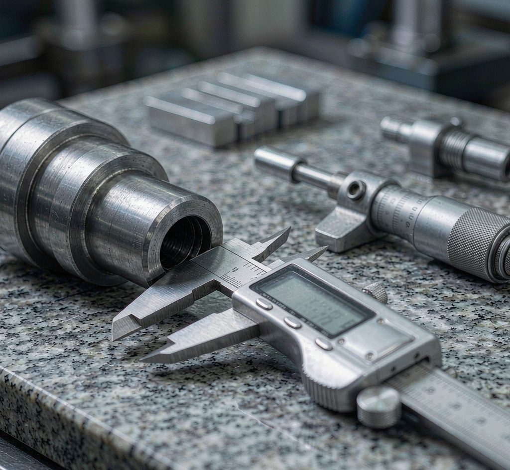 Digital caliper measuring a machined steel part on an inspection table