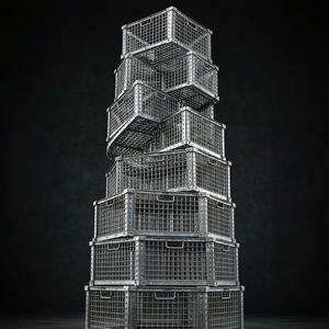 Stacked galvanized wire turnover containers under studio light