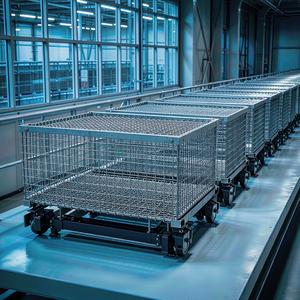 Wire mesh containers staged in an automated warehouse