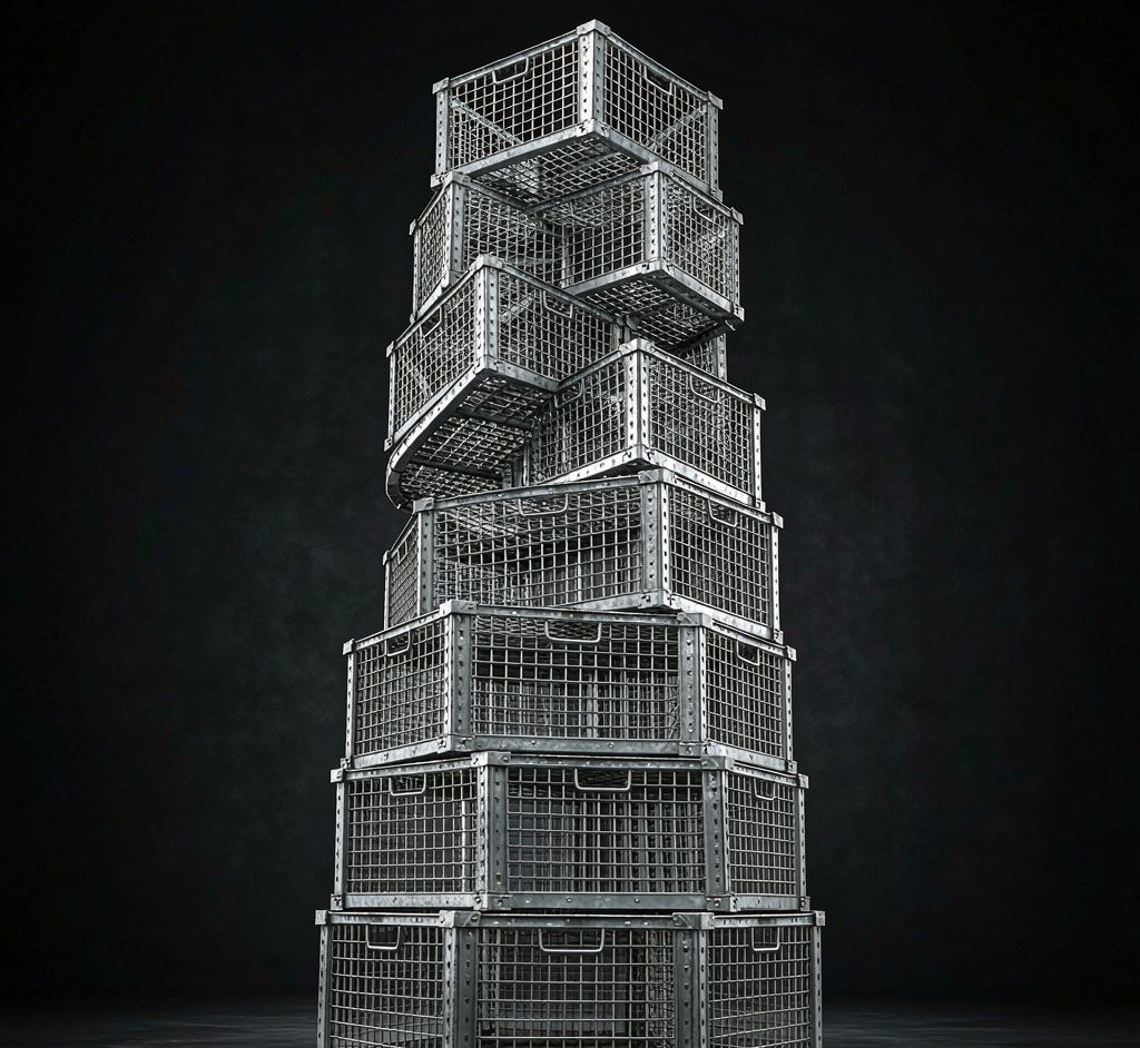 Stacked galvanized wire turnover containers under studio light