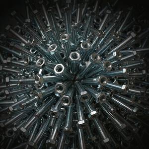 Cascading pile of zinc-plated hex bolts and nuts