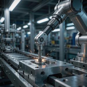 Robotic arm tightening bolts on an assembly line