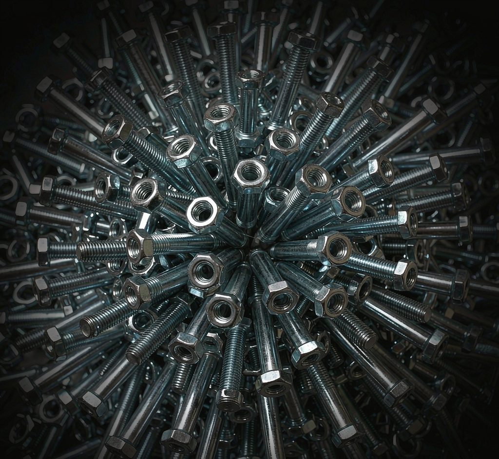 Cascading pile of zinc-plated hex bolts and nuts