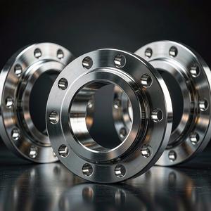 Mirror-polished stainless flanges reflecting studio light
