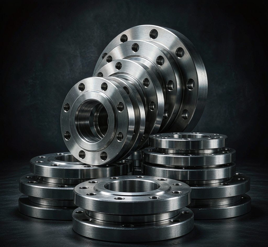 Stack of forged flanges with machined bright faces