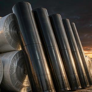 Rolls of black geomembrane and white geotextile at evening light