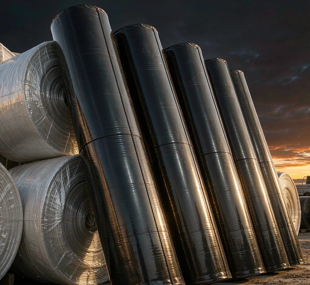 Rolls of black geomembrane and white geotextile at evening light