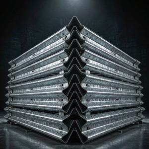 Pyramid stack of galvanized W-beam guardrail sections