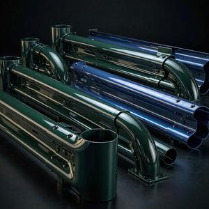 Glossy powder-coated guardrail sections in green and blue