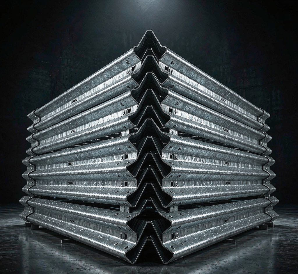 Pyramid stack of galvanized W-beam guardrail sections