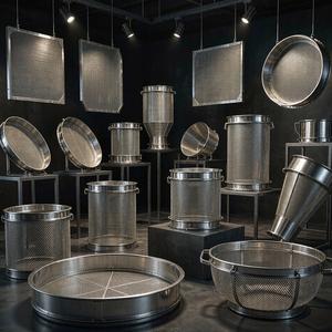 Custom stainless mesh filters, baskets and trays on display