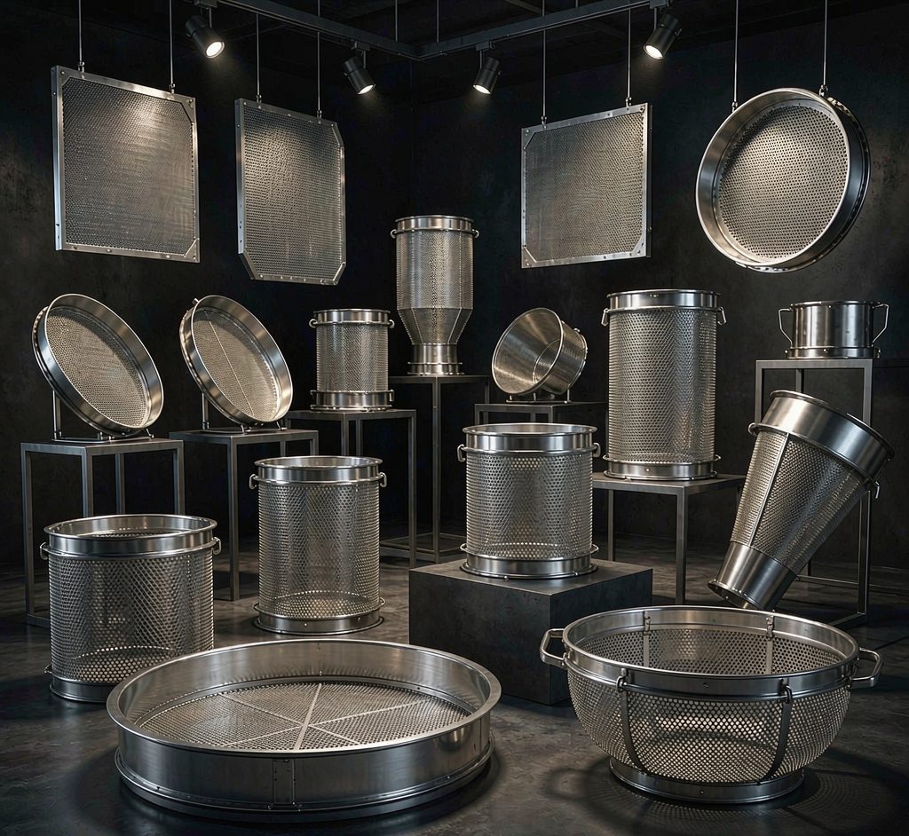 Custom stainless mesh filters, baskets and trays on display