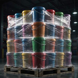 Shrink-wrapped pallet of stacked plastic pails