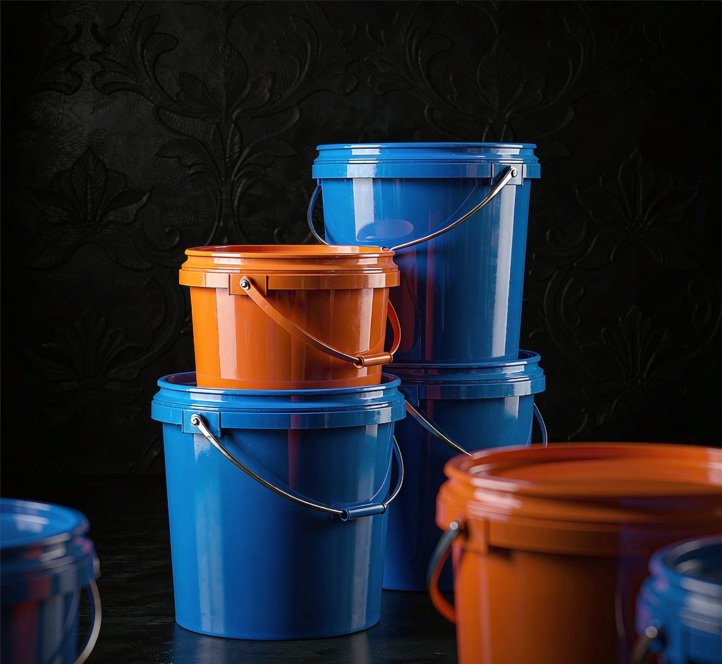 Tower of vivid blue and orange food-grade plastic pails