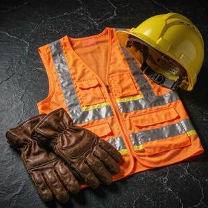 Safety gear flat lay - gloves, hi-vis vest and helmet