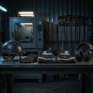 Complete safety gear set on a workbench