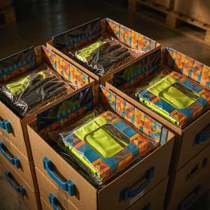 Gloves and vests packed in export cartons