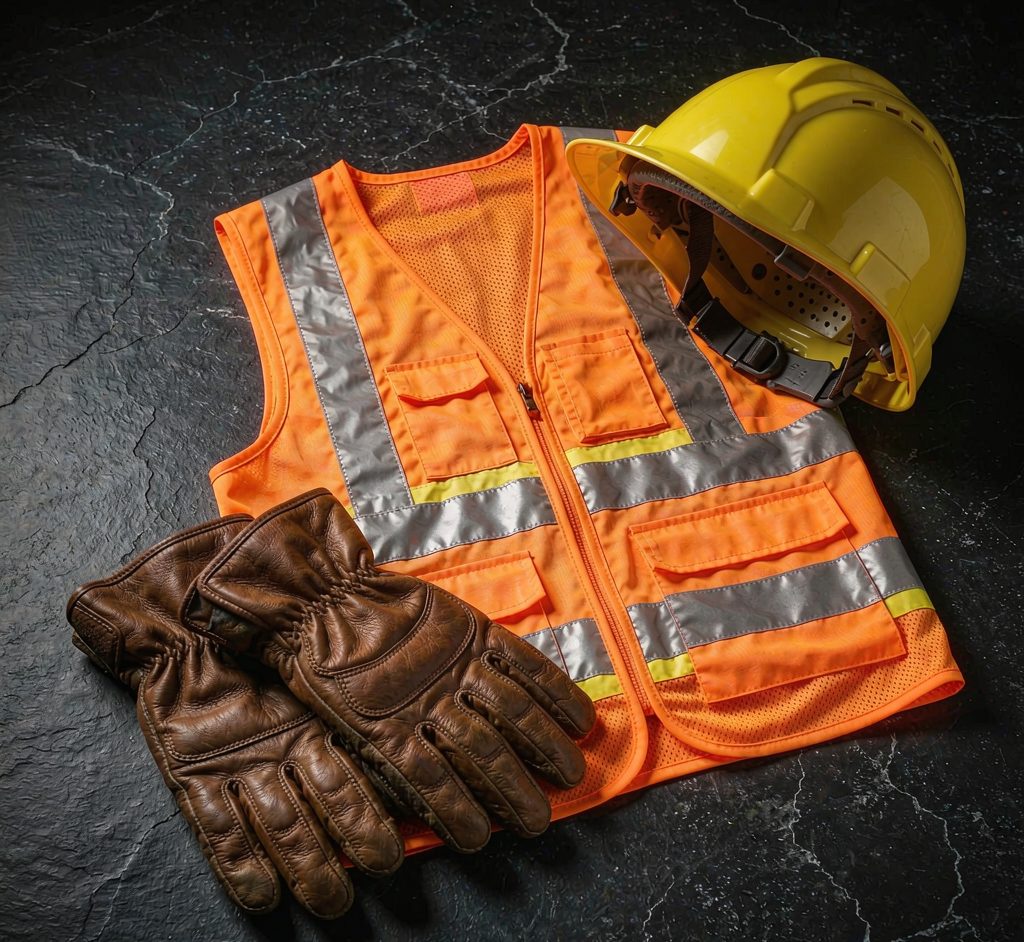 Safety gear flat lay - gloves, hi-vis vest and helmet