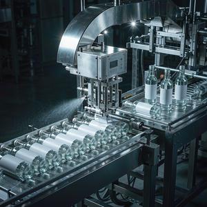 Label applicator machine on a bottling line