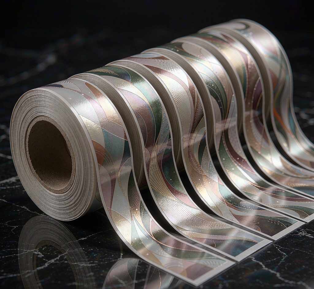 Glossy label rolls in an elegant fan display