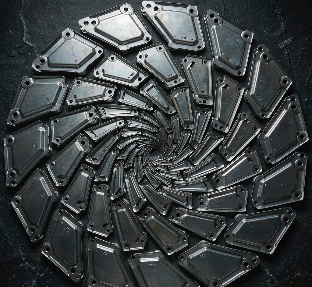 Stamped steel parts in a radial spiral display