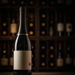 Wine bottle with blank label in cellar light