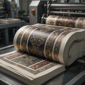 Printed label sheets stacked in a print workshop