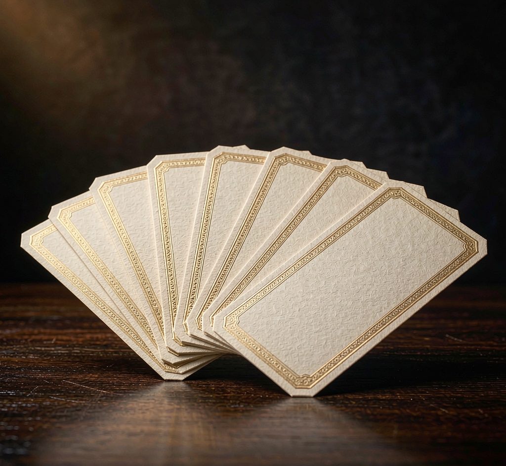 Premium cream wine labels with gold foil borders fanned out