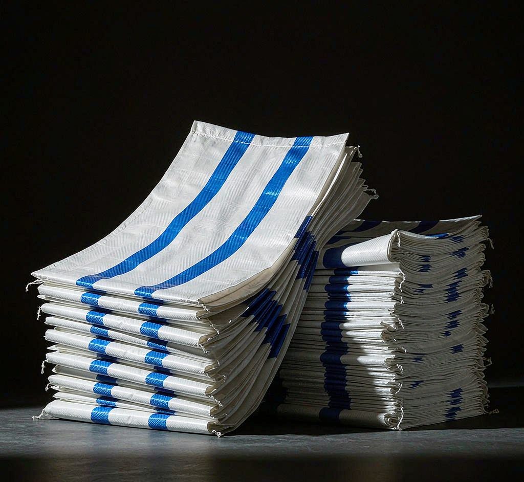 White woven PP bags with vivid blue stripes in studio light